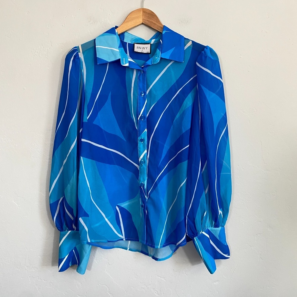 Runway the Label Calista Shirt Top Women Size 4 Blue Sheer Long Sleeve